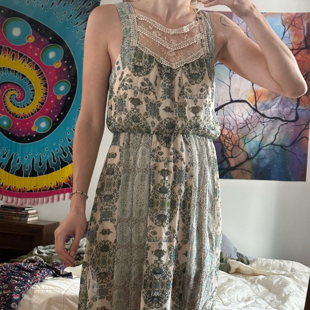 Bohemian Maxi Dress Mandala Blue Green Cream White Summer Dress Size M
